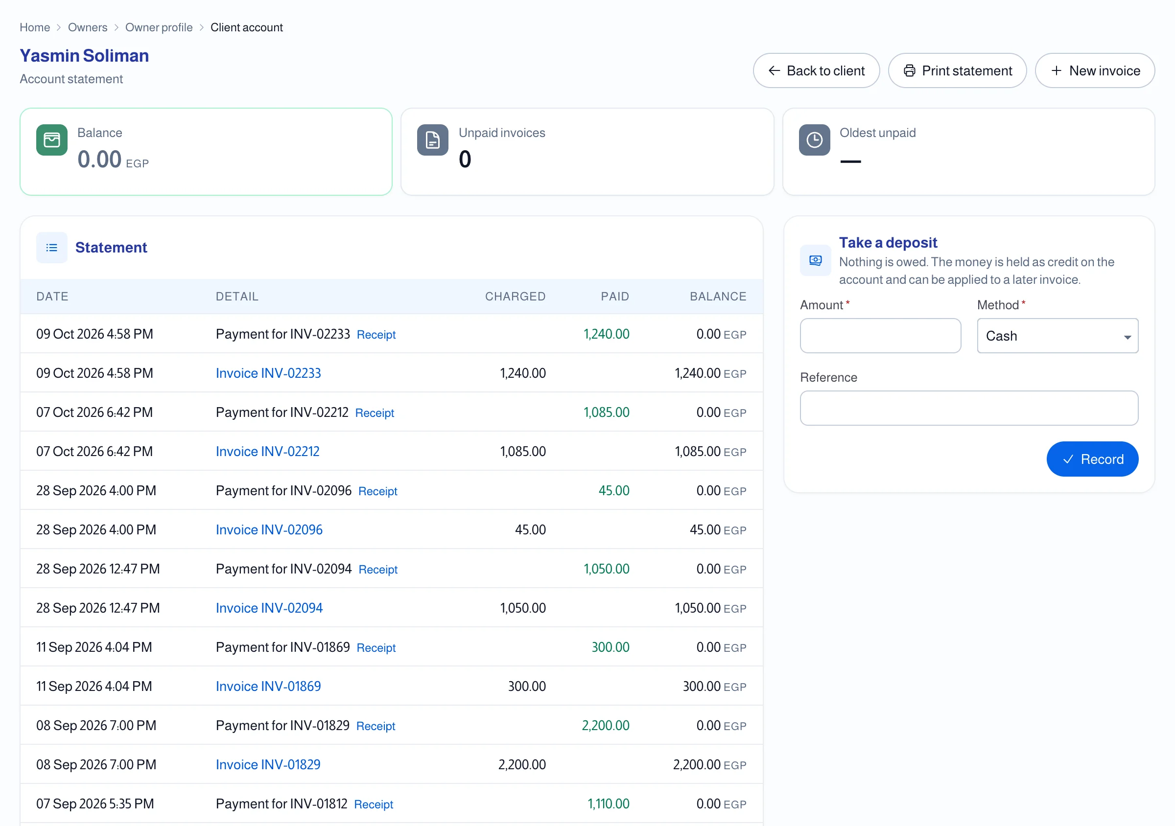 A client's account: invoices, payments and balance