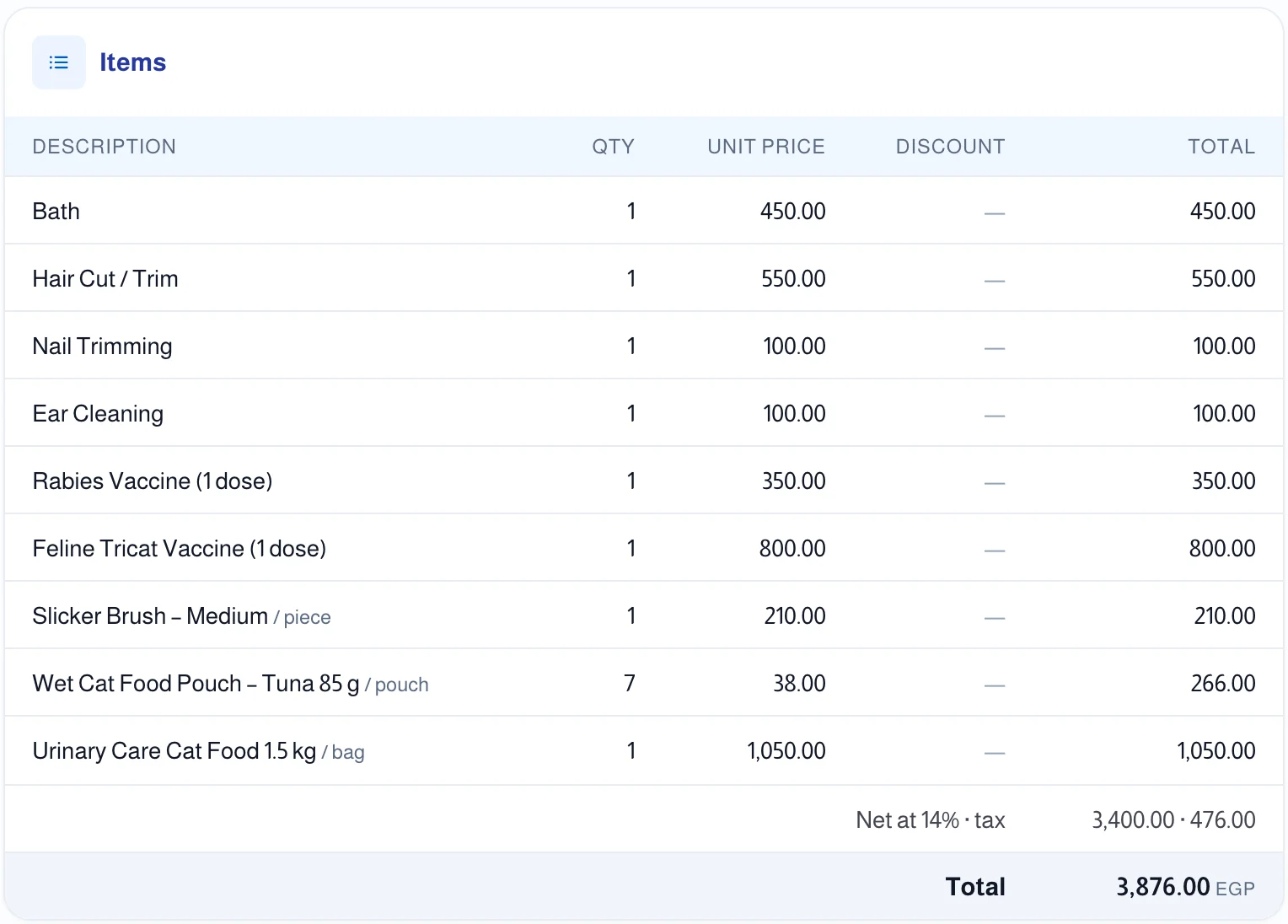 An invoice with its lines, tax and payments