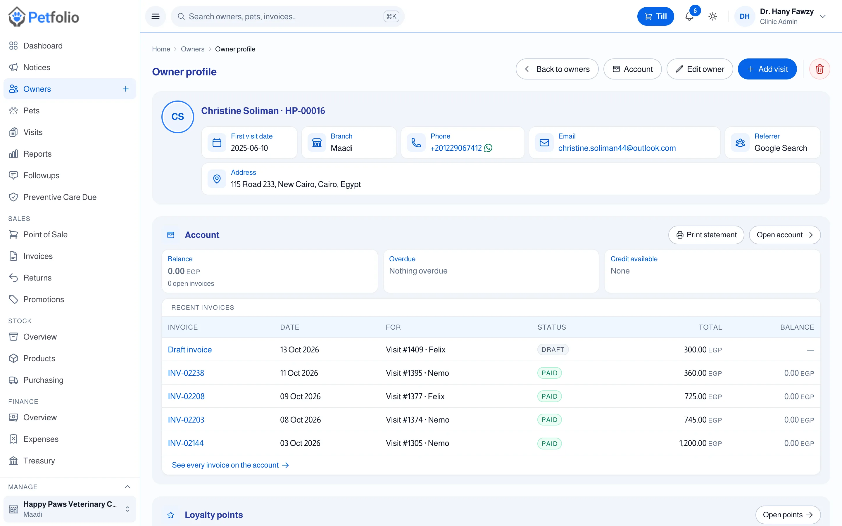 A client's page with pets, visits and account balance